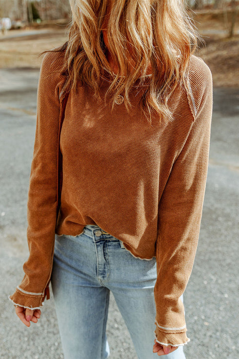 Soft Waffle Knit Exposed Seam Raglan Top