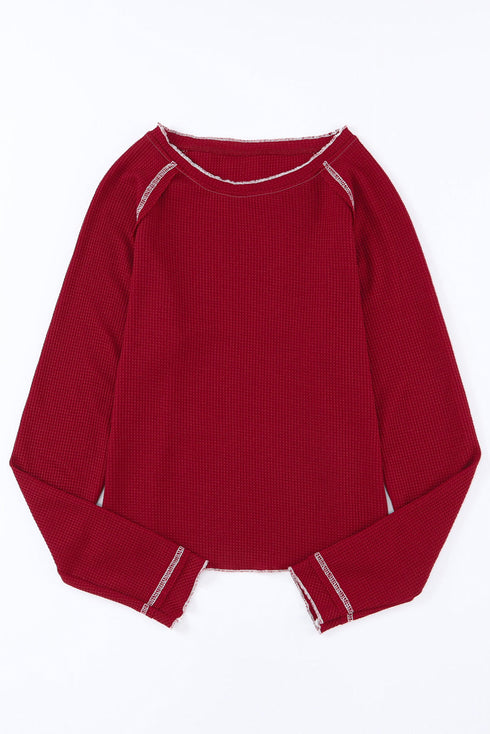 Soft Waffle Knit Exposed Seam Raglan Top