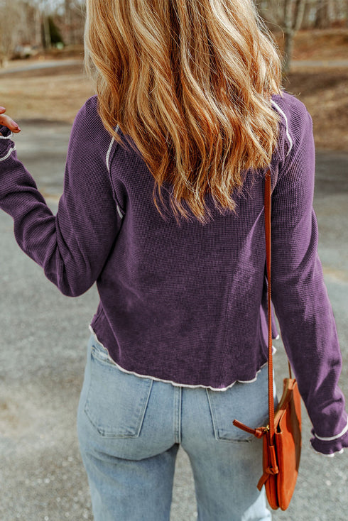 Soft Waffle Knit Exposed Seam Raglan Top