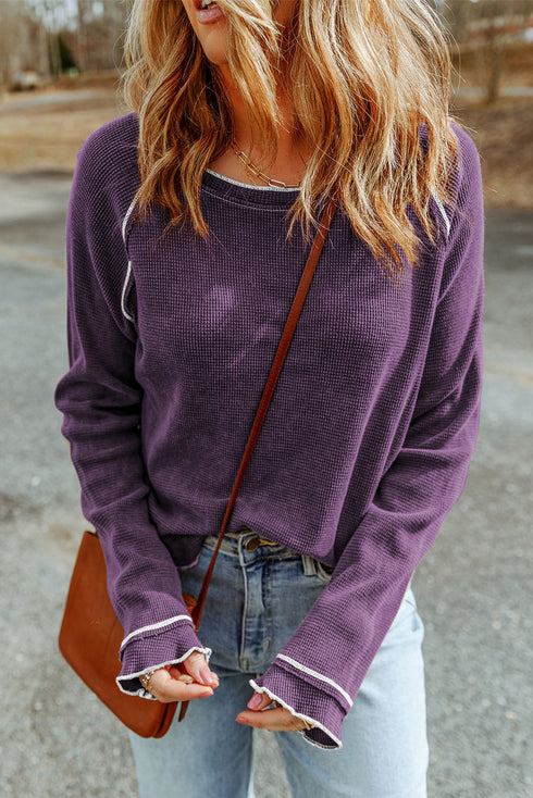 Soft Waffle Knit Exposed Seam Raglan Top