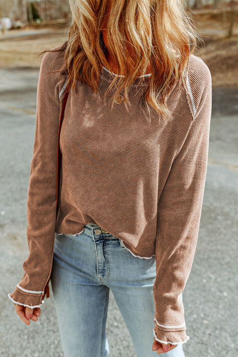 Soft Waffle Knit Exposed Seam Raglan Top
