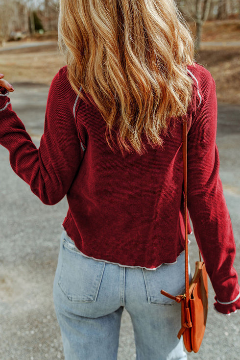 Soft Waffle Knit Exposed Seam Raglan Top