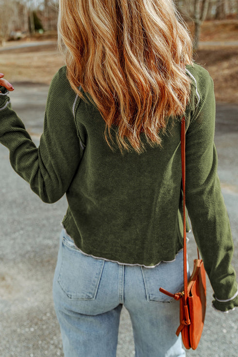 Soft Waffle Knit Exposed Seam Raglan Top