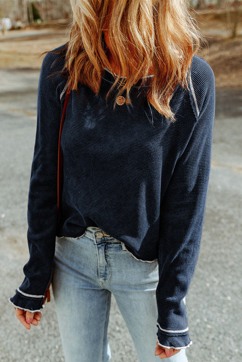 Soft Waffle Knit Exposed Seam Raglan Top