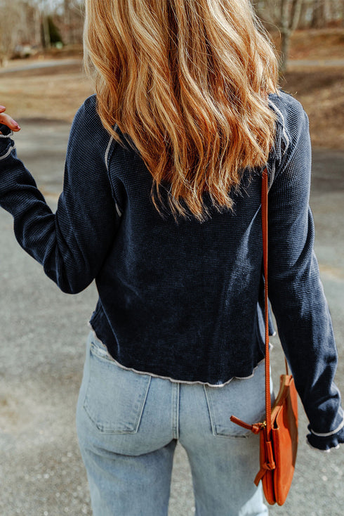 Soft Waffle Knit Exposed Seam Raglan Top