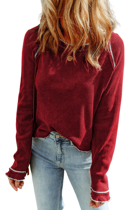 Soft Waffle Knit Exposed Seam Raglan Top