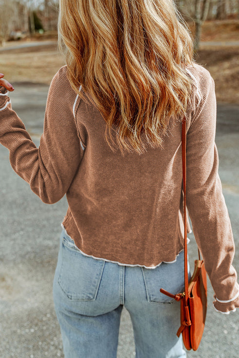 Soft Waffle Knit Exposed Seam Raglan Top