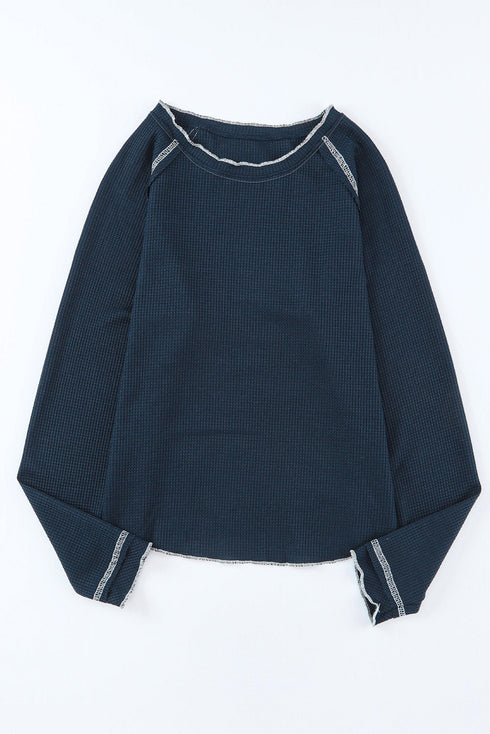 Soft Waffle Knit Exposed Seam Raglan Top