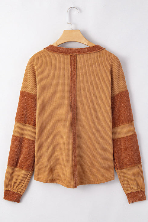 Soft Waffle Knit Exposed Seam Relaxed Henley Top