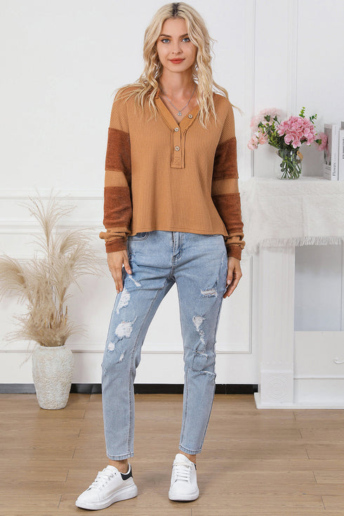 Soft Waffle Knit Exposed Seam Relaxed Henley Top