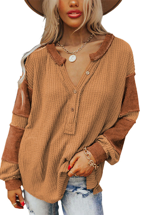 Soft Waffle Knit Exposed Seam Relaxed Henley Top