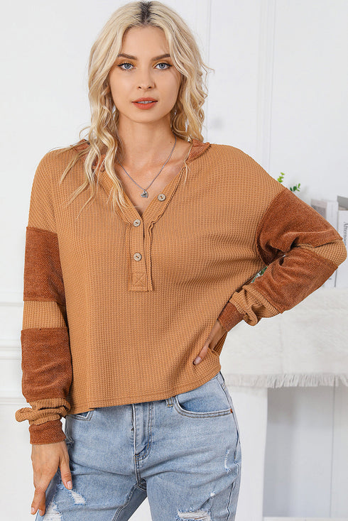 Soft Waffle Knit Exposed Seam Relaxed Henley Top