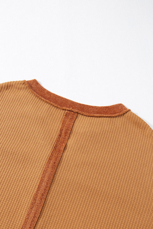 Soft Waffle Knit Exposed Seam Relaxed Henley Top