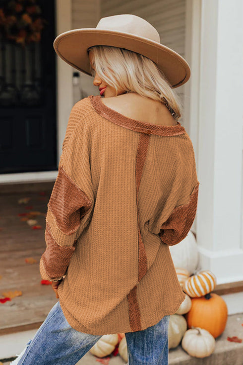 Soft Waffle Knit Exposed Seam Relaxed Henley Top