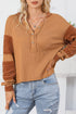 Soft Waffle Knit Exposed Seam Relaxed Henley Top