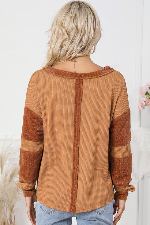 Soft Waffle Knit Exposed Seam Relaxed Henley Top