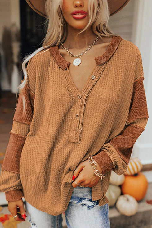 Soft Waffle Knit Exposed Seam Relaxed Henley Top