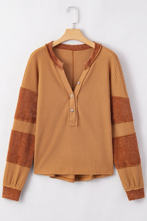 Soft Waffle Knit Exposed Seam Relaxed Henley Top