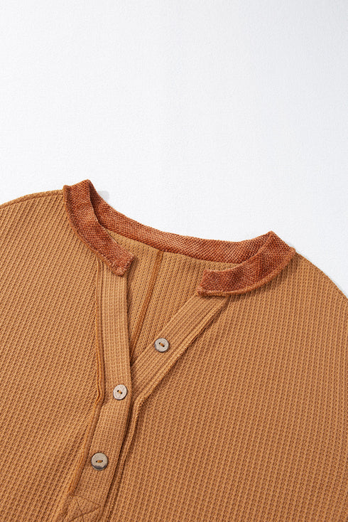 Soft Waffle Knit Exposed Seam Relaxed Henley Top