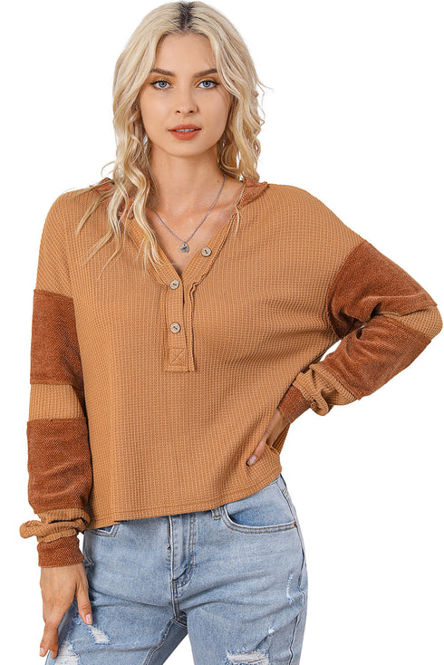 Soft Waffle Knit Exposed Seam Relaxed Henley Top