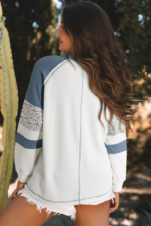 Soft Waffle Knit Floral Print Patchwork Raglan Top