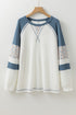 Soft Waffle Knit Floral Print Patchwork Raglan Top