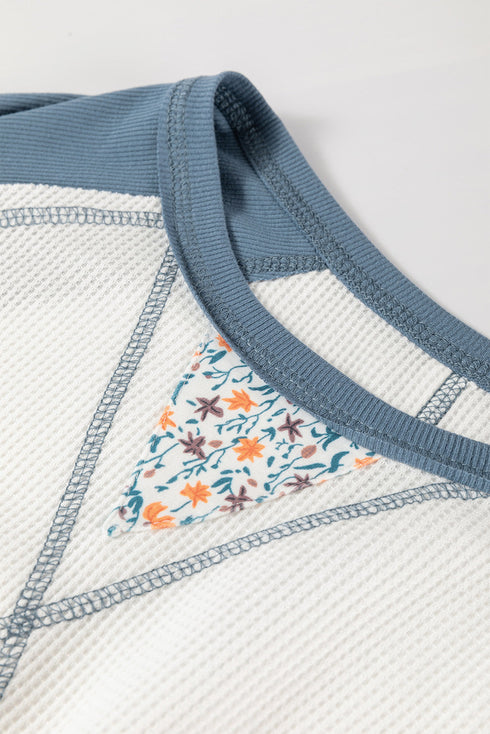 Soft Waffle Knit Floral Print Patchwork Raglan Top