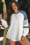 Soft Waffle Knit Floral Print Patchwork Raglan Top