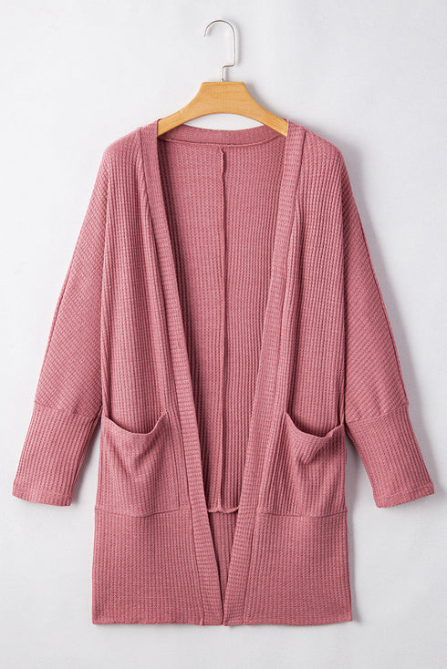 Soft Waffle Knit Open Front Pocketed Cardigan
