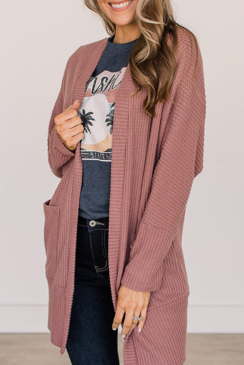 Soft Waffle Knit Open Front Pocketed Cardigan