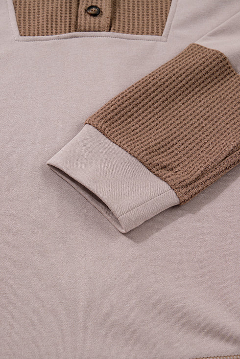 Soft Waffle Knit Panel Button Pullover Hoodie