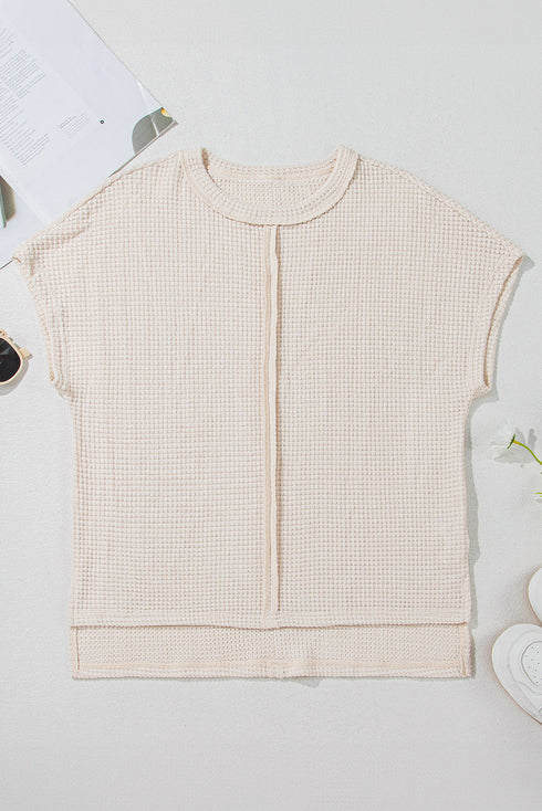 Soft Waffle Knit Seamed Casual Short Sleeve Top
