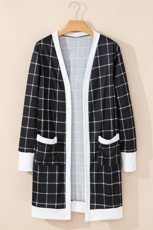 Soft Windowpane Plaid Open Front Knit Cardigan