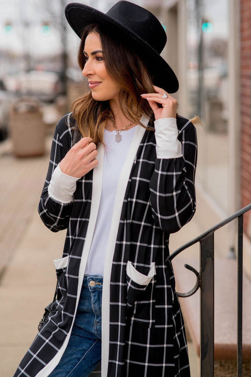 Soft Windowpane Plaid Open Front Knit Cardigan