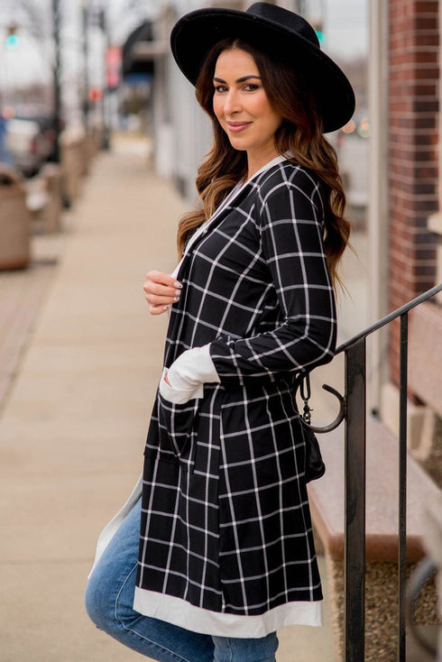 Soft Windowpane Plaid Open Front Knit Cardigan