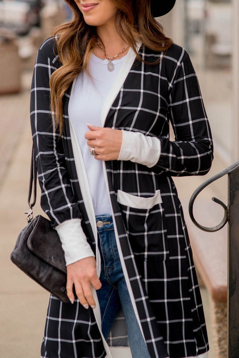 Soft Windowpane Plaid Open Front Knit Cardigan
