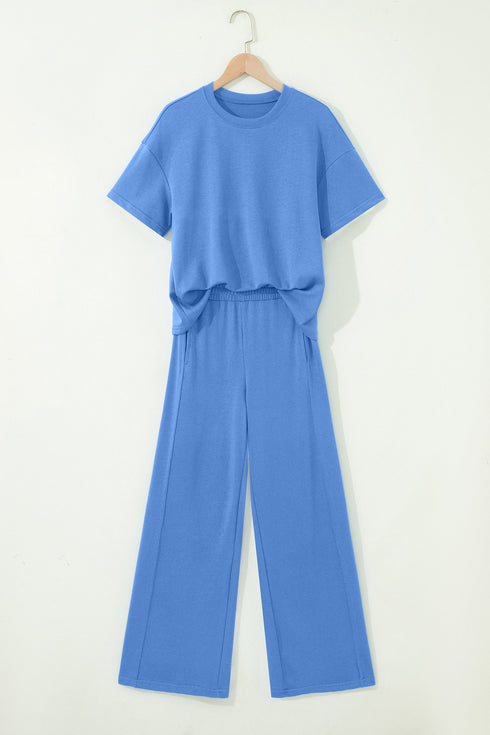 Solid Active Oversized Tee Pocketed Wide Leg Pant Set