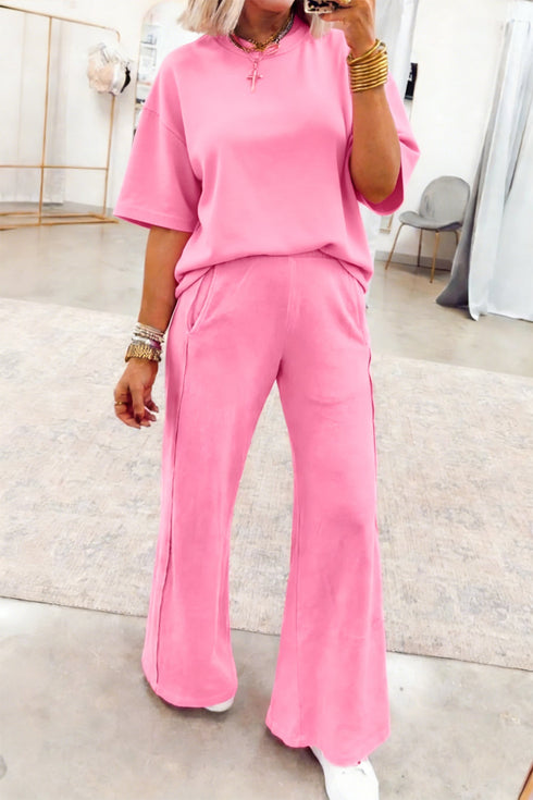 Solid Active Oversized Tee Pocketed Wide Leg Pant Set