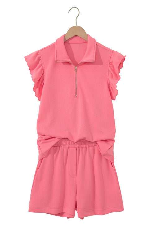 Solid Active Ruffled Sleeve Half Zipped Short Set