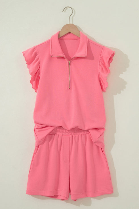 Solid Active Ruffled Sleeve Half Zipped Short Set