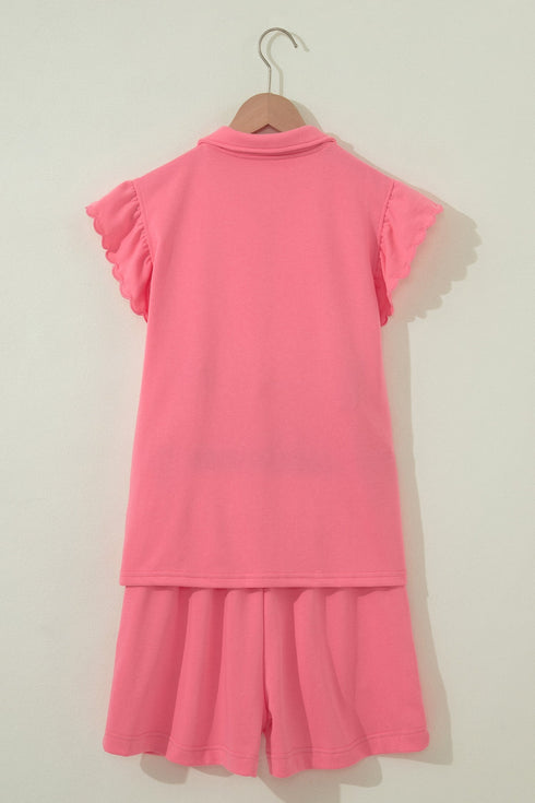 Solid Active Ruffled Sleeve Half Zipped Short Set