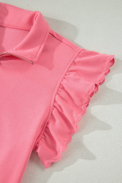 Solid Active Ruffled Sleeve Half Zipped Short Set