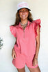 Solid Active Ruffled Sleeve Half Zipped Short Set