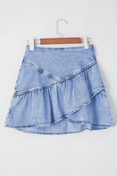 Solid Asymmetric Ruffle Overlay Casual Denim Skirt