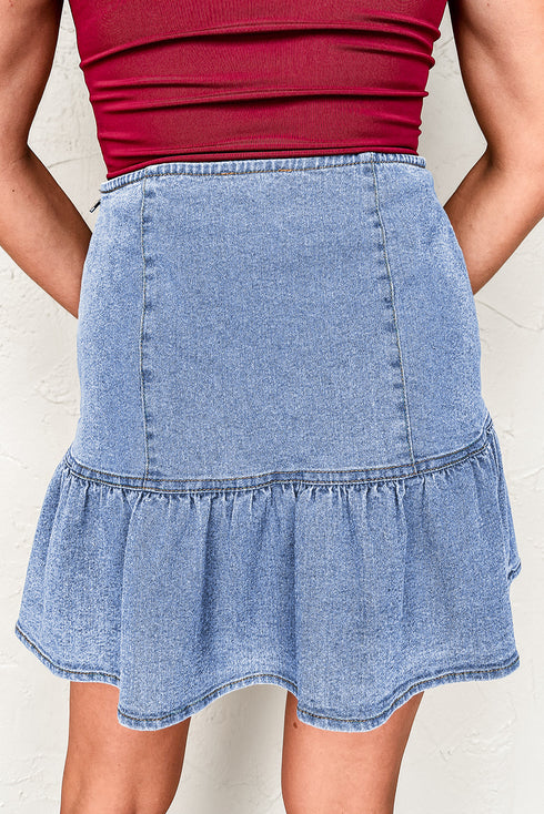 Solid Asymmetric Ruffle Overlay Casual Denim Skirt