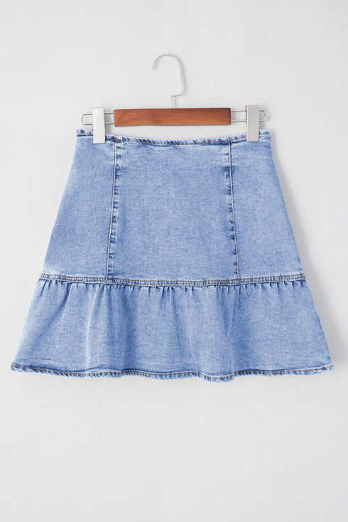 Solid Asymmetric Ruffle Overlay Casual Denim Skirt