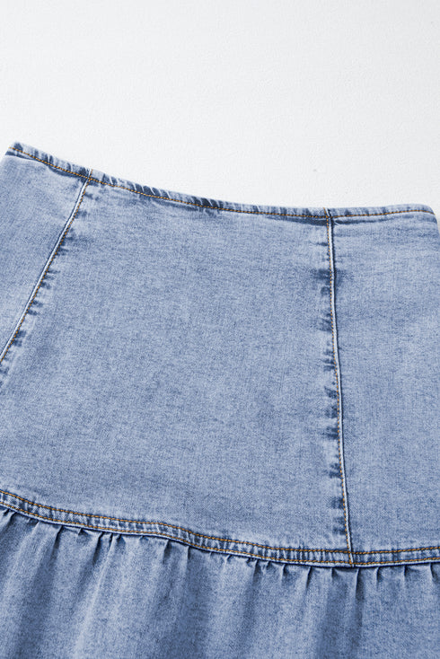 Solid Asymmetric Ruffle Overlay Casual Denim Skirt