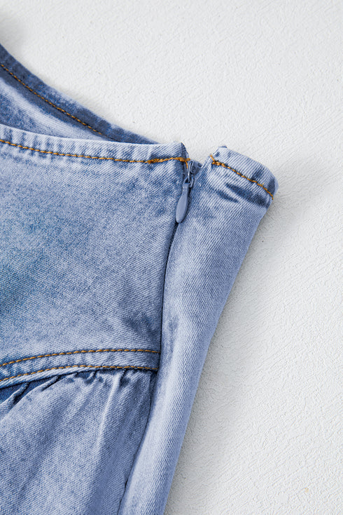 Solid Asymmetric Ruffle Overlay Casual Denim Skirt