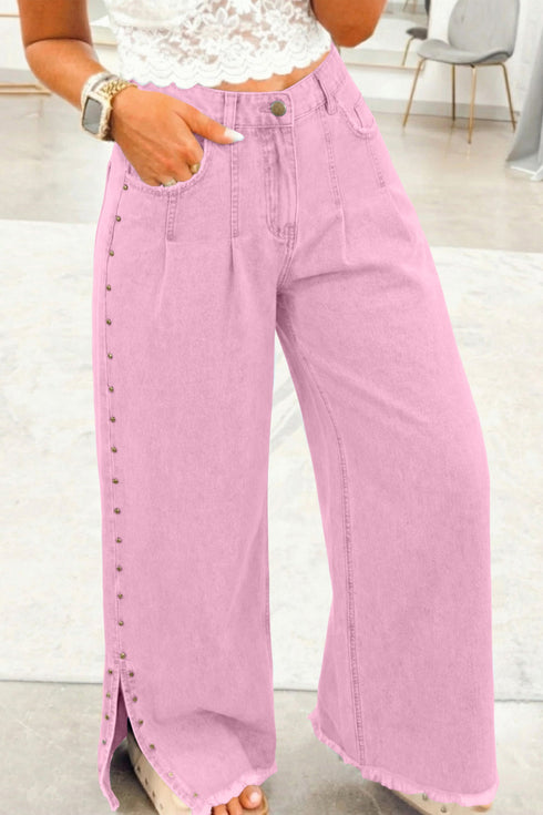 Solid Beaded Side Split Wide Leg Jeans