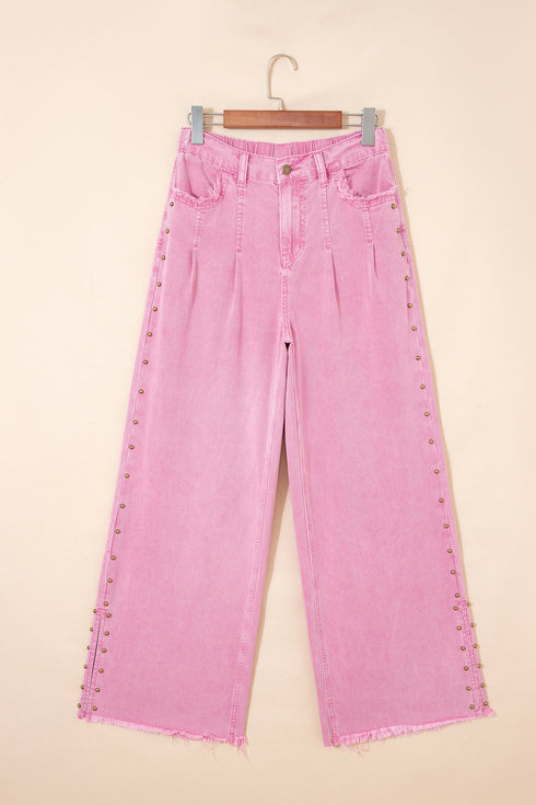 Solid Beaded Side Split Wide Leg Jeans